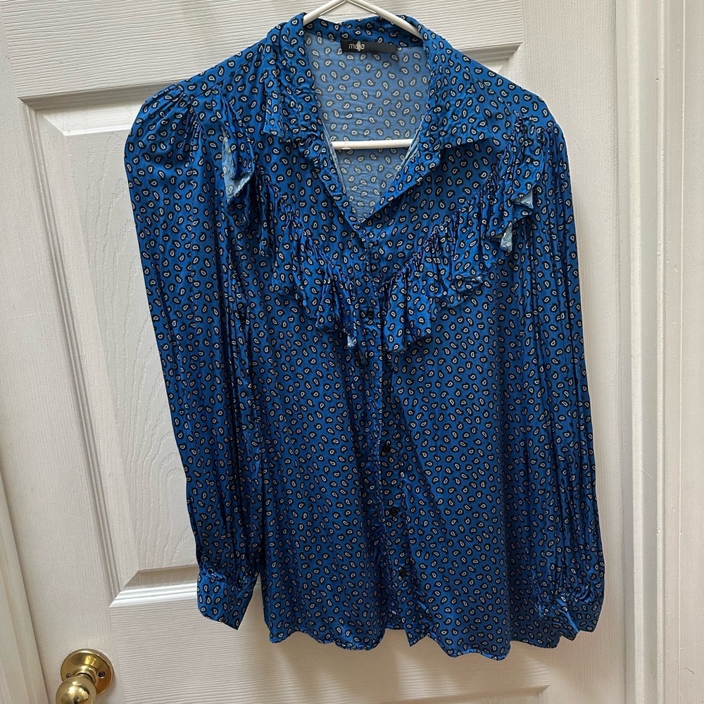 Maje Blue Patterned Ruffle Blouse Paisley-Print Ruffled Shirt m medium - Picture 2 of 10